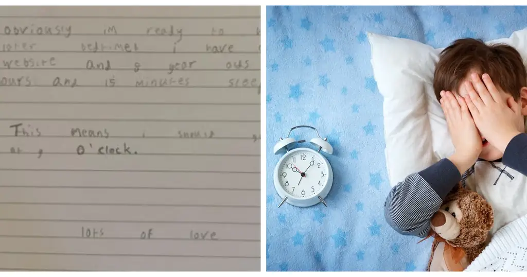 Мальчик пишет официальное письмо с жалобой на то, что он не ложится спать