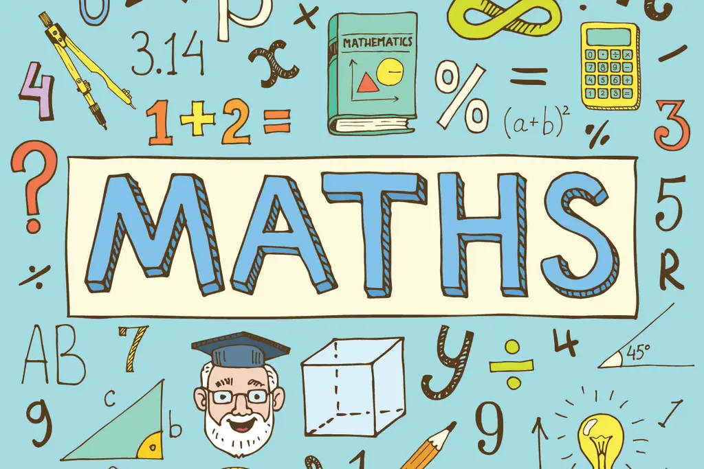 Красочные нарисованные вручную изображения математических символов и слова "Математика"
