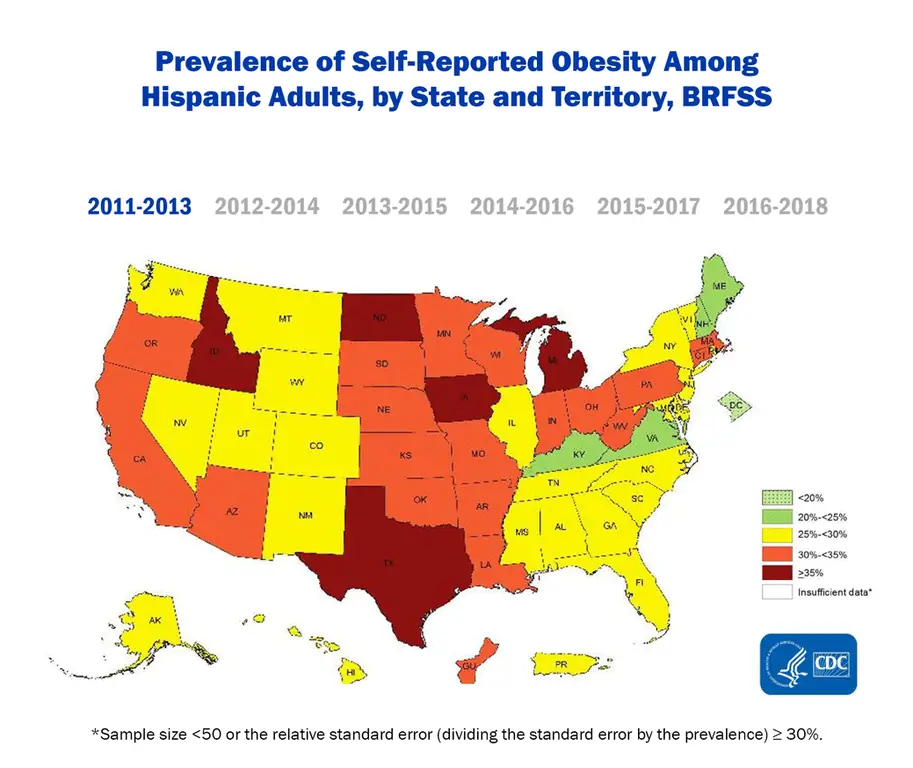 Prevalence of Self-Reported Obesity Among Hispanic Adults, by State and Territory, BRFSS Prevalence of Self-Reported Obesity Among Hispanic Adults, by State and Territory, BRFSS