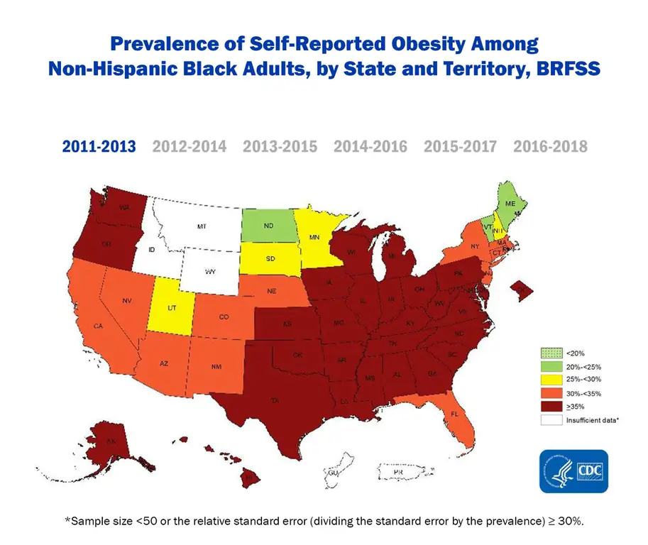 Prevalence of Self-Reported Obesity Among Non-Hispanic Black Adults, by State and Territory, BRFSS Prevalence of Self-Reported Obesity Among Non-Hispanic Black Adults, by State and Territory, BRFSS