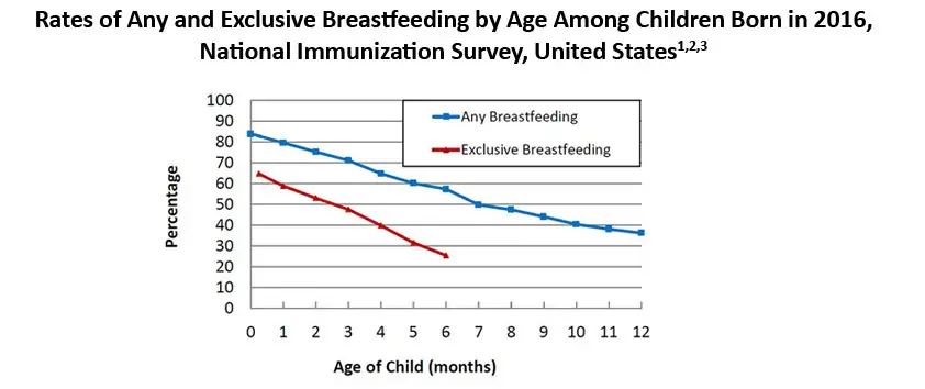Rates of Any and Exclusive Breastfeeding by Age Among Children Born in 2016, National Immunization Survey, United States1, 2, 3