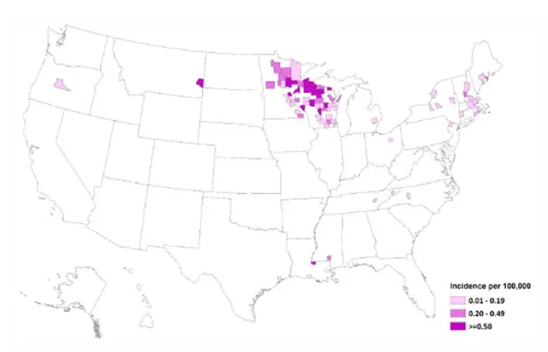 Map of the United States showing the distribution of Jamestown Canyon virus neuroinvasive disease. Cases are concentrated in the Great Lakes region Map of the United States showing the distribution of Jamestown Canyon virus neuroinvasive disease. Cases are concentrated in the Great Lakes region