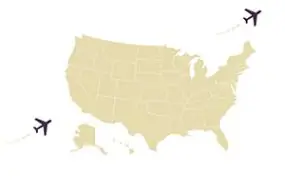 Иллюстрация карты США с Аляской и Гавайями внизу, показывающая самолет, приближающийся к западному побережью США, и один, вылетающий с северо-востока