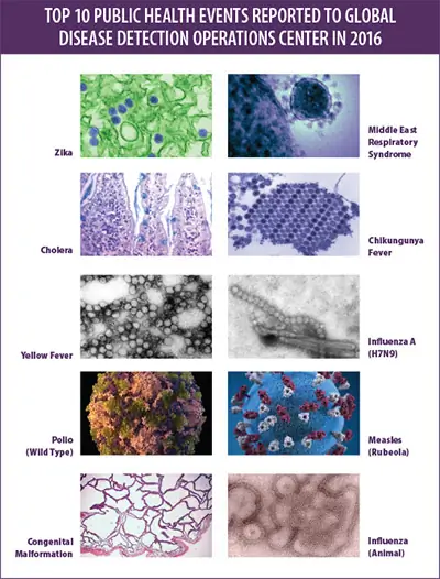 Top 10 Public Health Events Reported to Global Disease Detection Operations Center in 2016: Zika, Cholera, Yellow Fever, Polio (Wild Type), Congenital Malformation, Middle East Respiratory, Chikungunya Fever, Influenza A (H7N9), Measles (Rubeola), Influenza (Animal)