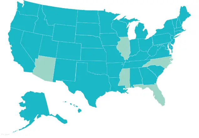 U. S. map with Florida, Mississippi, North Carolina, Illinois, and Arizona highlighted U. S. map with Florida, Mississippi, North Carolina, Illinois, and Arizona highlighted