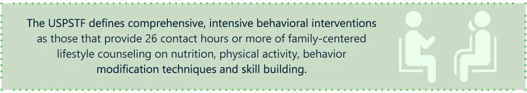 The USPSTF defines comprehensive, intensive behavioral interventions as those that provide 26 contact hours or more of family-centered lifestyle counseling on nutrition, physical activity, behavior modification techniques and skill building The USPSTF defines comprehensive, intensive behavioral interventions as those that provide 26 contact hours or more of family-centered lifestyle counseling on nutrition, physical activity, behavior modification techniques and skill building