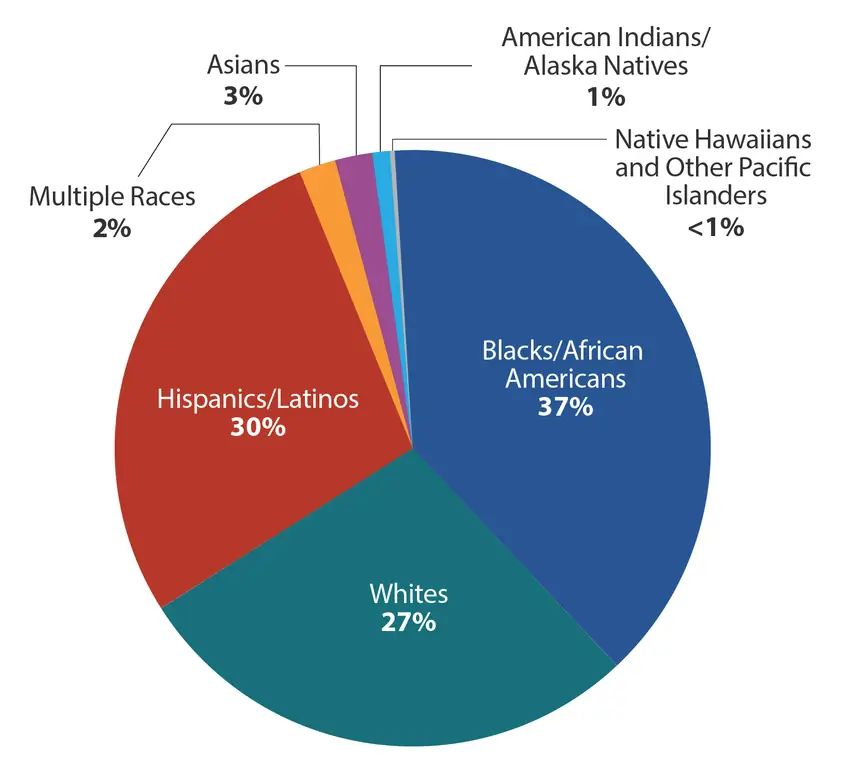 This pie chart shows HIV diagnoses among gay and bisexual men in the United States and dependent areas in 2018 by race. Black/African American gay and bisexual men made up 37% of new HIV diagnoses, Hispanic/Latino gay and bisexual men made up 30%, white gay and bisexual men made up 27%, Asian gay and bisexual men made up 3%, gay and bisexual men of multiple races made up 2%, American Indian/Alaska Native gay and bisexual men made up 1% and Native Hawaiian and Other Pacific Islander gay and bisexual men made up less than 1% of new HIV diagnoses