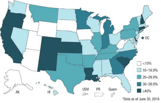 Map indicating breastfeeding rates in each state