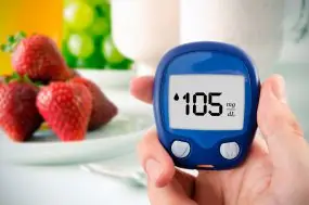 Diabetes doing glucose level test. Fruits in background Diabetes doing glucose level test. Fruits in background