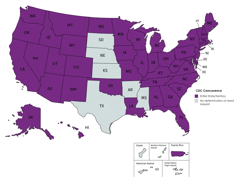 This map lists 39 states, the District of Columbia, one tribal nation, one territory, six counties, and one city that have consulted CDC and have been determined to have demonstrated need according to federal law. These jurisdictions are experiencing or at-risk for significant increases in viral hepatitis infection or an HIV outbreak due to injection drug use. There are still 14 states/territories that have no request or determination of need pending