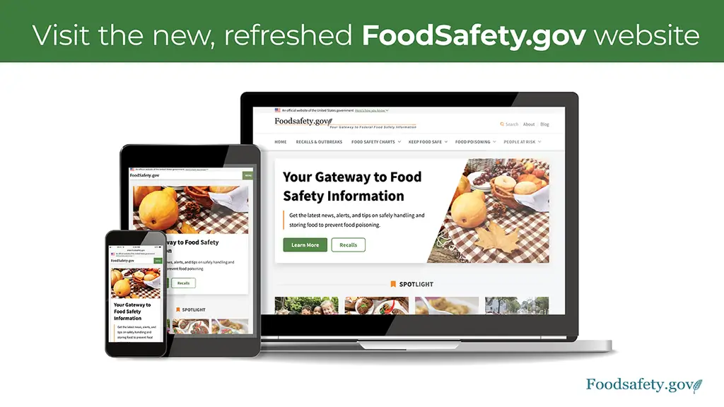 Image of smartphone, tablet and laptop computer displaying FoodSafety.gov website. Text displays: Visit the new, refreshed FoodSafety.gov website