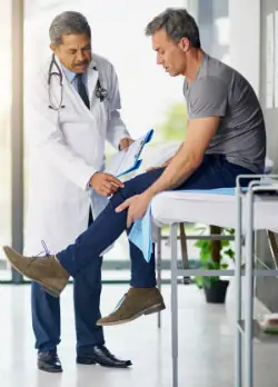 Мужской доктор изучения колена мужчины пациента