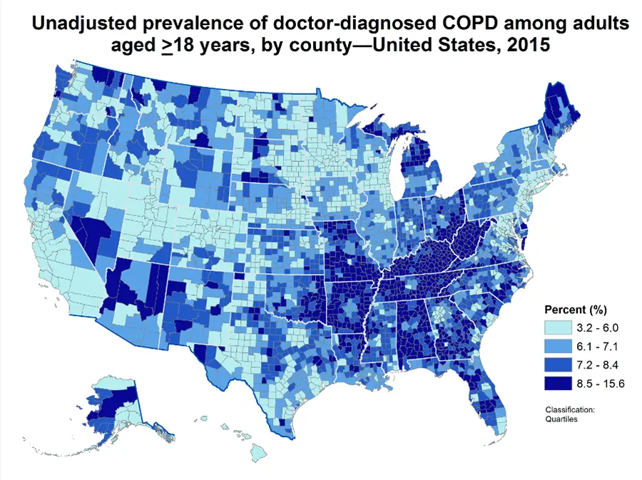 Карта: нескорректированная распространенность диагностированной врачом ХОБЛ среди взрослых в возрасте старше 18 лет по округам - Соединенные Штаты, 2015