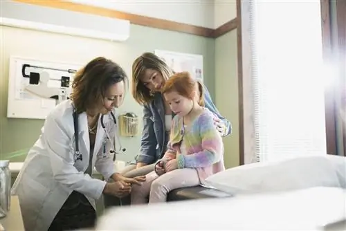 Педиатр проверяет рефлексы девочки в смотровой комнате