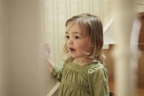 Маленькая девочка стоит возле лестницы.