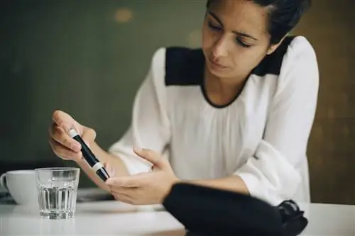 Женщина с диабетическим набором уровня сахара в крови за столом - стоковое фото