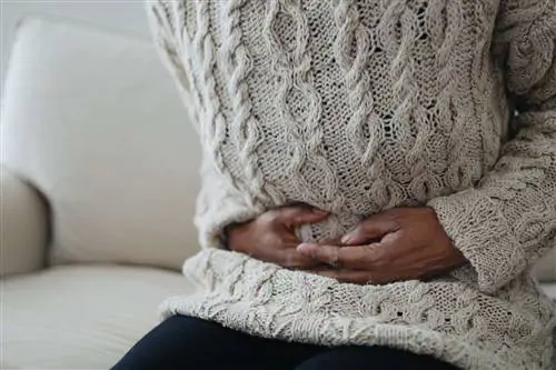 Женщина держится за живот от боли.