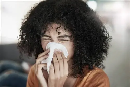 Молодая женщина сморкается