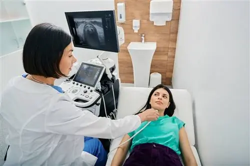 Медицинский работник, выполняющий ультразвуковое сканирование щитовидной железы человека