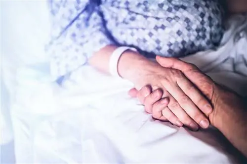 пациент держится за руки на больничной койке