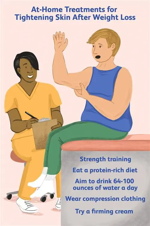 Домашние процедуры для подтяжки кожи после похудения: человек прикасается к лишней коже на руке во время разговора со специалистом в области здравоохранения.