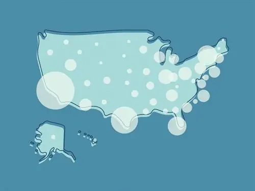 Иллюстрация карты Соединенных Штатов в светло-сине-зеленом цвете на синем фоне; более светлые бледно-желто-белые круги указывают на зоны внимания.