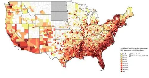 Карта распространенности ВИЧ в США, 2010 г.