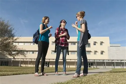 Три студентки колледжа разговаривают на языке жестов вне школы.