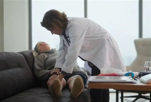Женщина-медик навещает пожилого человека и проверяет ее опухшие ноги