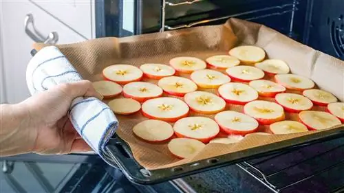 рука кладет нарезанные яблоки в духовку