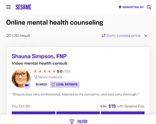 Профиль провайдера Sesame имеет тег «Лекарства за 5 долларов».