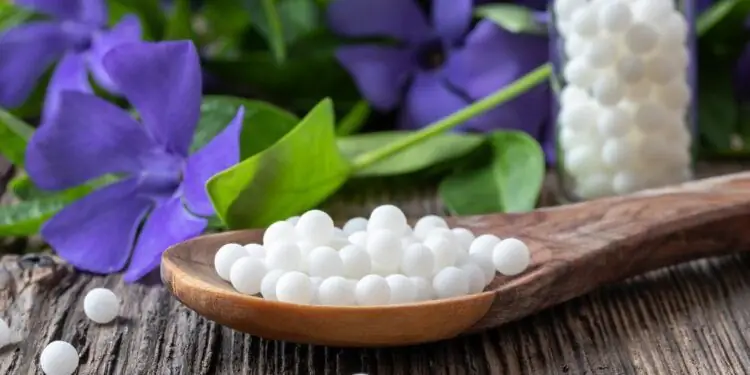 Деревянная ложка, наполненная белыми бусинами, лежит на столе рядом с барвинком